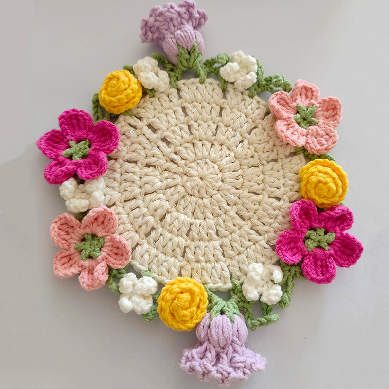 Handmade Crochet Flower Coaster Set, Crochet Bouquet Coaster, Flower Coaster and Pot Set, Gift for Her, Mother's Day Gift, Valentine's Gift