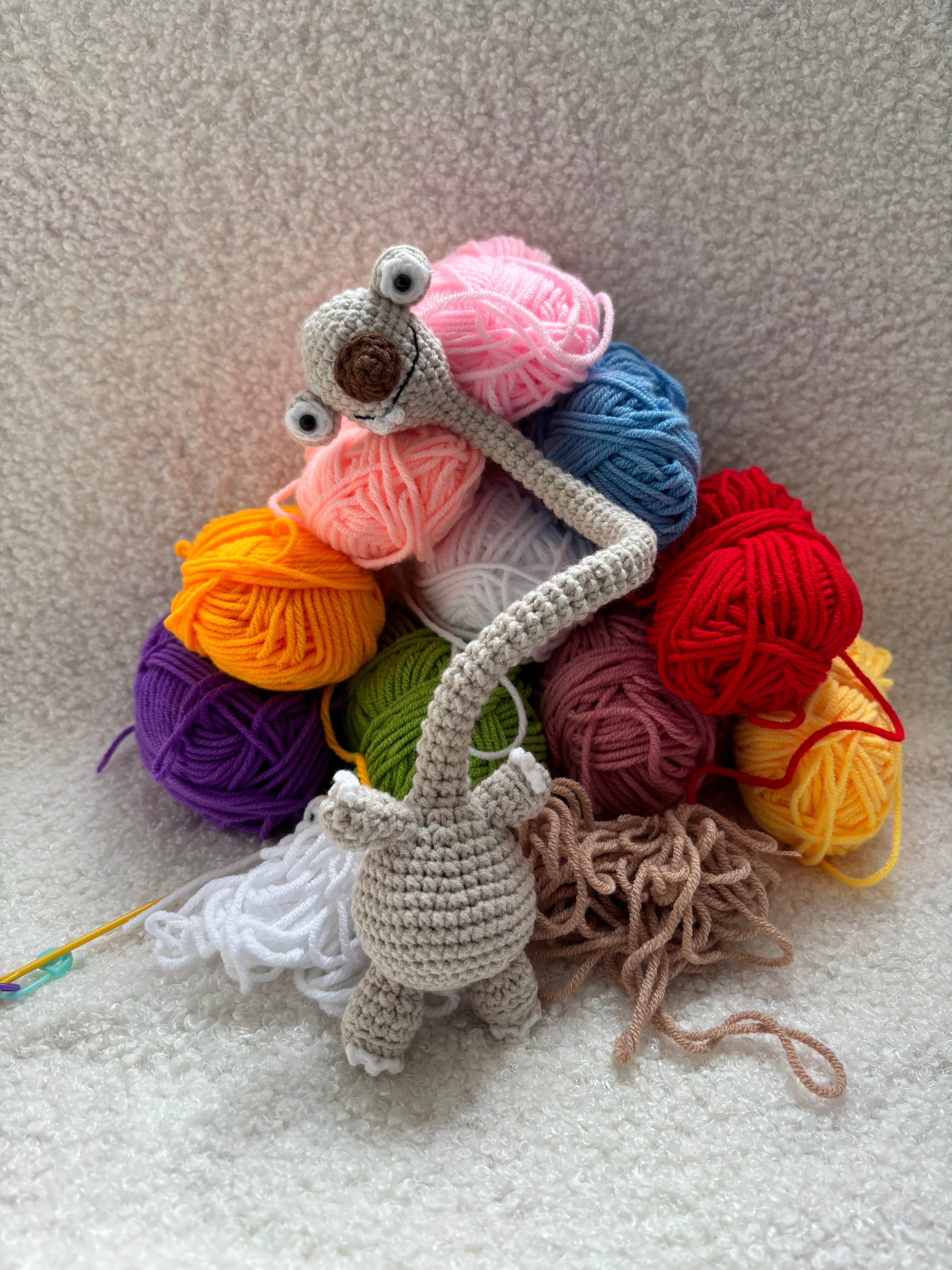 Handmade Crochet Prehistoric Sloth Bag Charm | Funny Long Neck Sloth Plush Toy | Gift for Animal Lovers