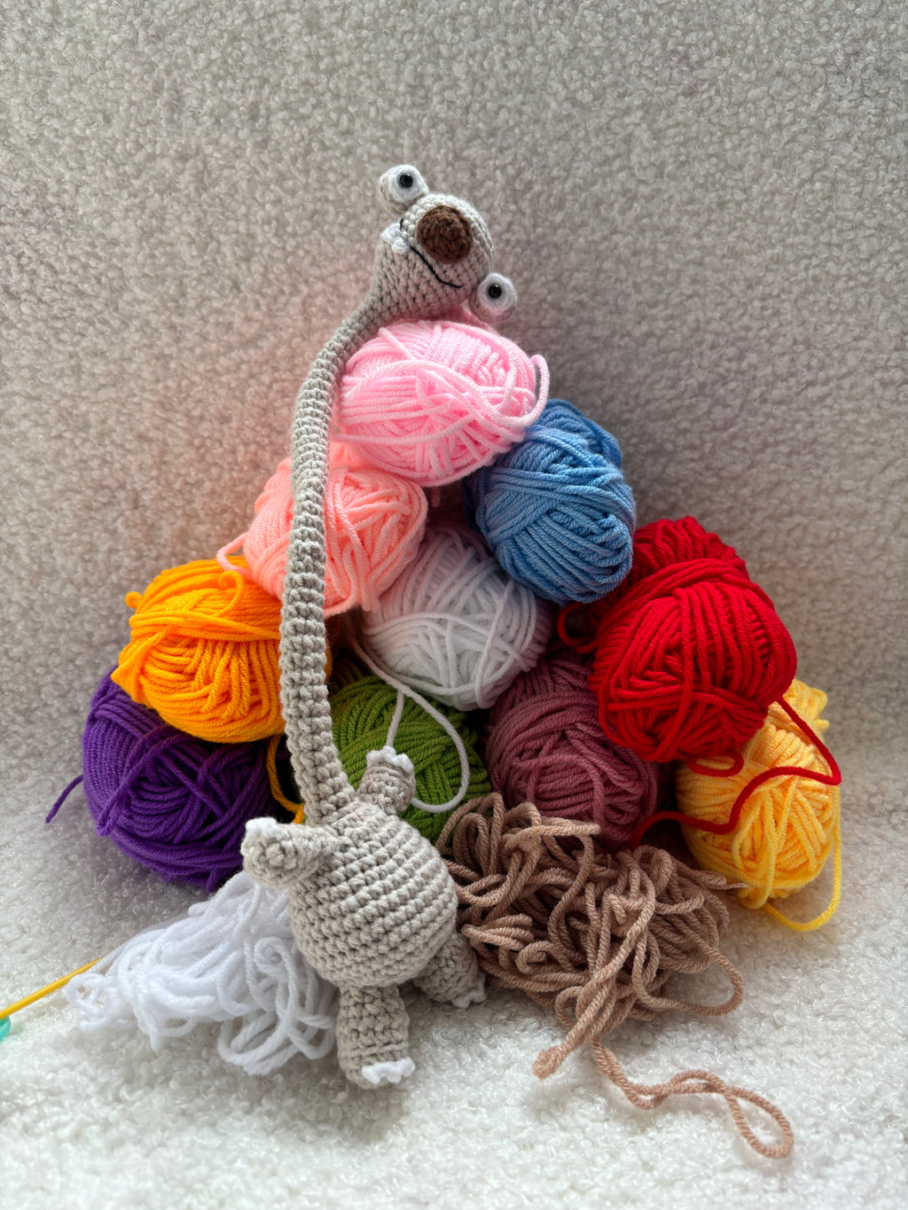 Handmade Crochet Prehistoric Sloth Bag Charm | Funny Long Neck Sloth Plush Toy | Gift for Animal Lovers