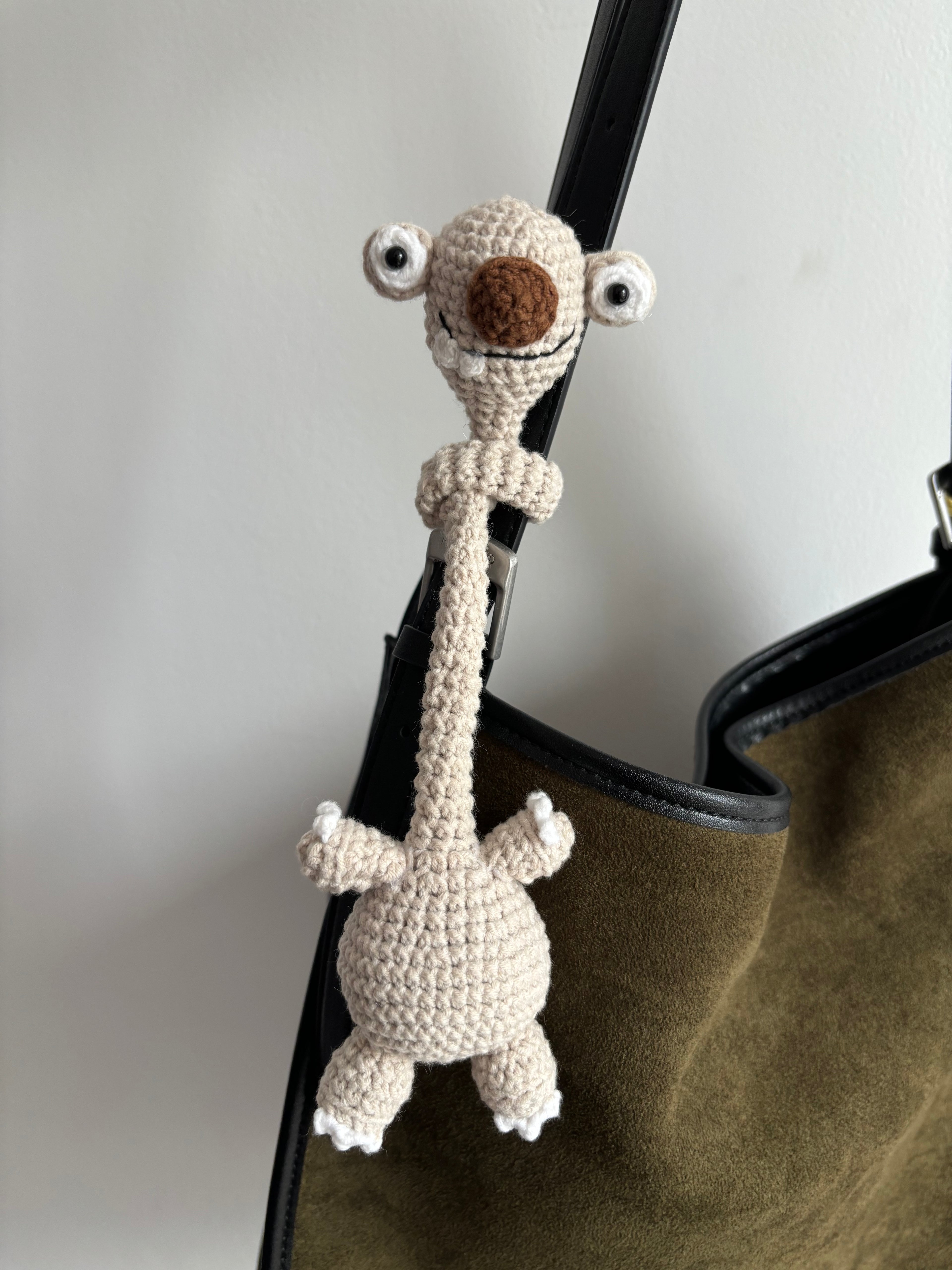 Handmade Crochet Prehistoric Sloth Bag Charm | Funny Long Neck Sloth Plush Toy | Gift for Animal Lovers