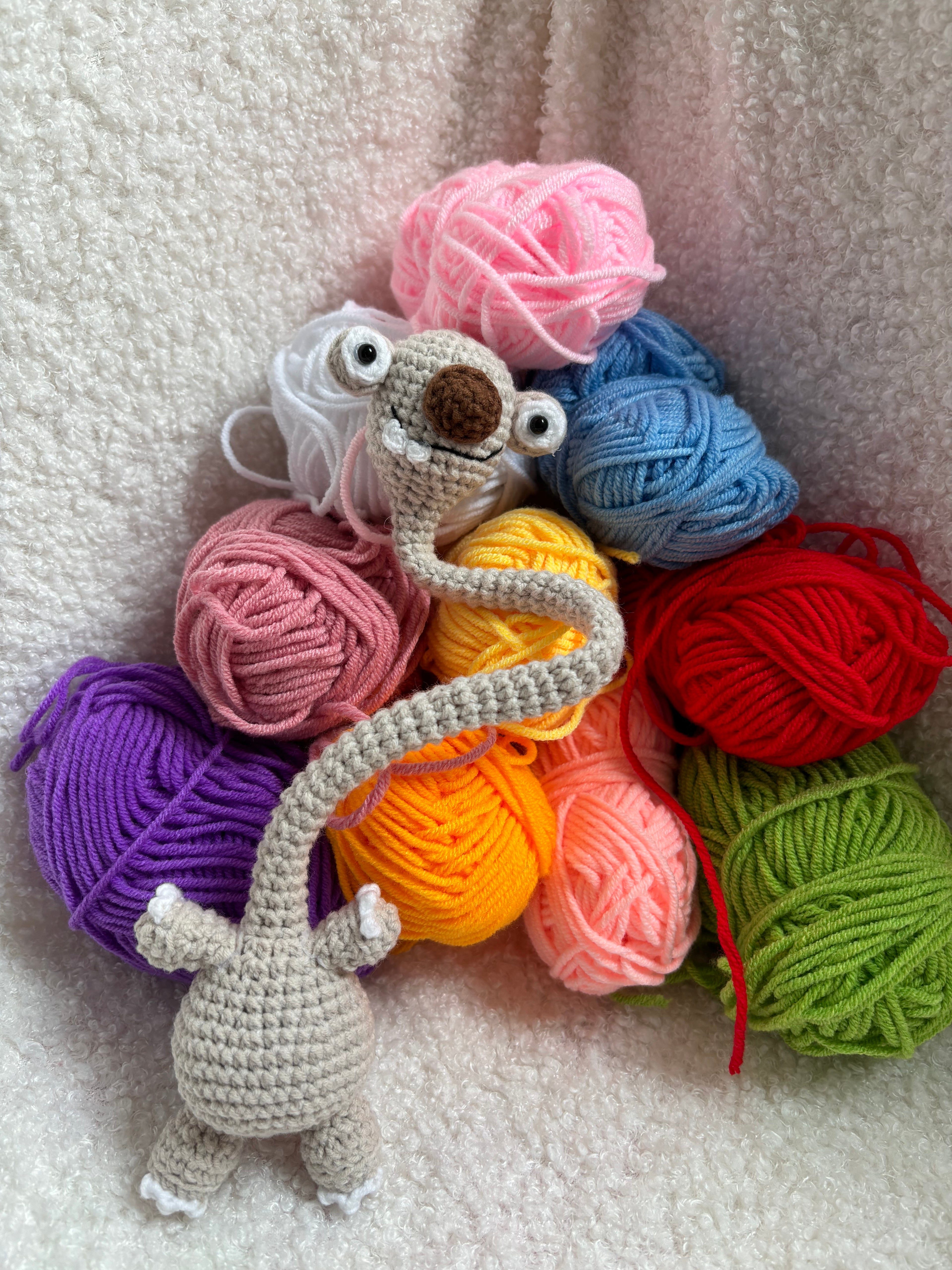 Handmade Crochet Prehistoric Sloth Bag Charm | Funny Long Neck Sloth Plush Toy | Gift for Animal Lovers