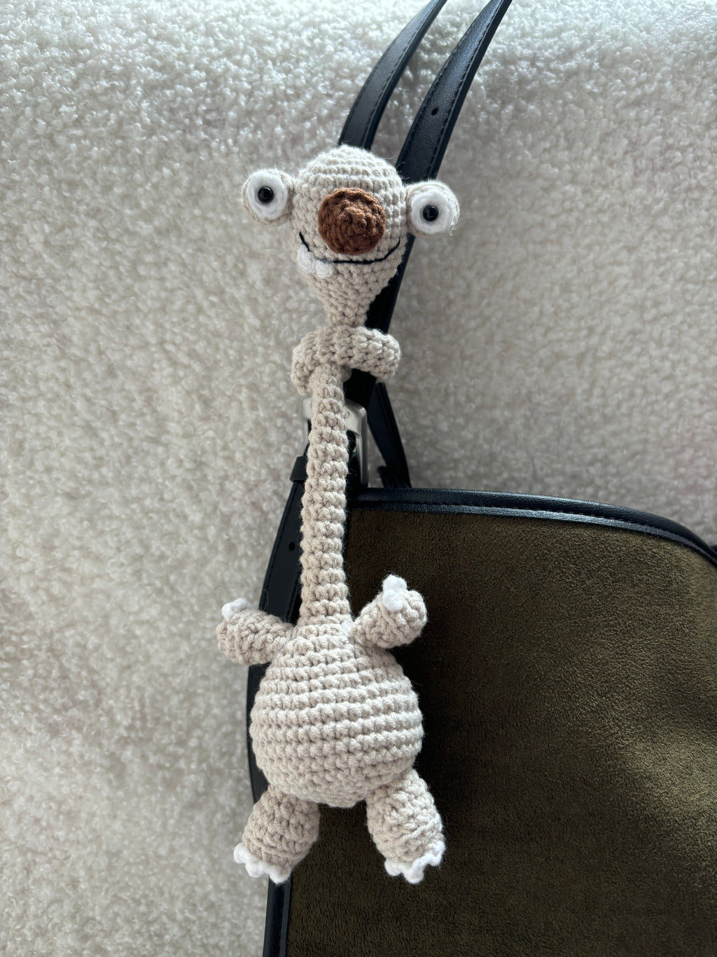 Handmade Crochet Prehistoric Sloth Bag Charm | Funny Long Neck Sloth Plush Toy | Gift for Animal Lovers