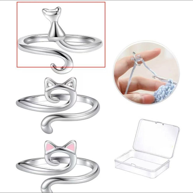 Adjustable Crochet With Thread Ring, Cute Kitten Ring Knitting Tool, Personality Knitting Jewelry Accessories