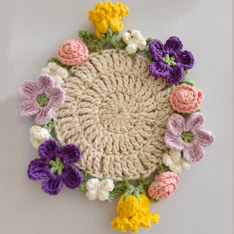 Handmade Crochet Flower Coaster Set, Crochet Bouquet Coaster, Flower Coaster and Pot Set, Gift for Her, Mother's Day Gift, Valentine's Gift