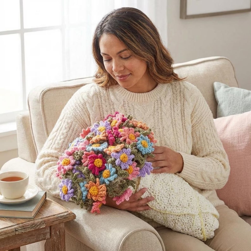 Crochet Flower Bouquet Blanket, Plush Bouquet Charm, Knitted Bouquet Lapghan, Crochet Flower Pattern, Home Decor Forever Flowers Gift  | Pattern + Yarn |