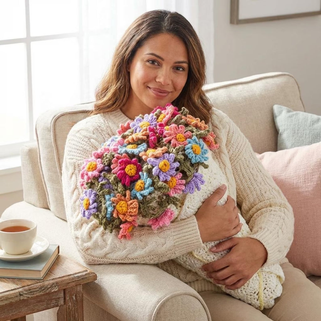 Crochet Flower Bouquet Blanket, Plush Bouquet Charm, Knitted Bouquet Lapghan, Crochet Flower Pattern, Home Decor Forever Flowers Gift  | Pattern + Yarn |