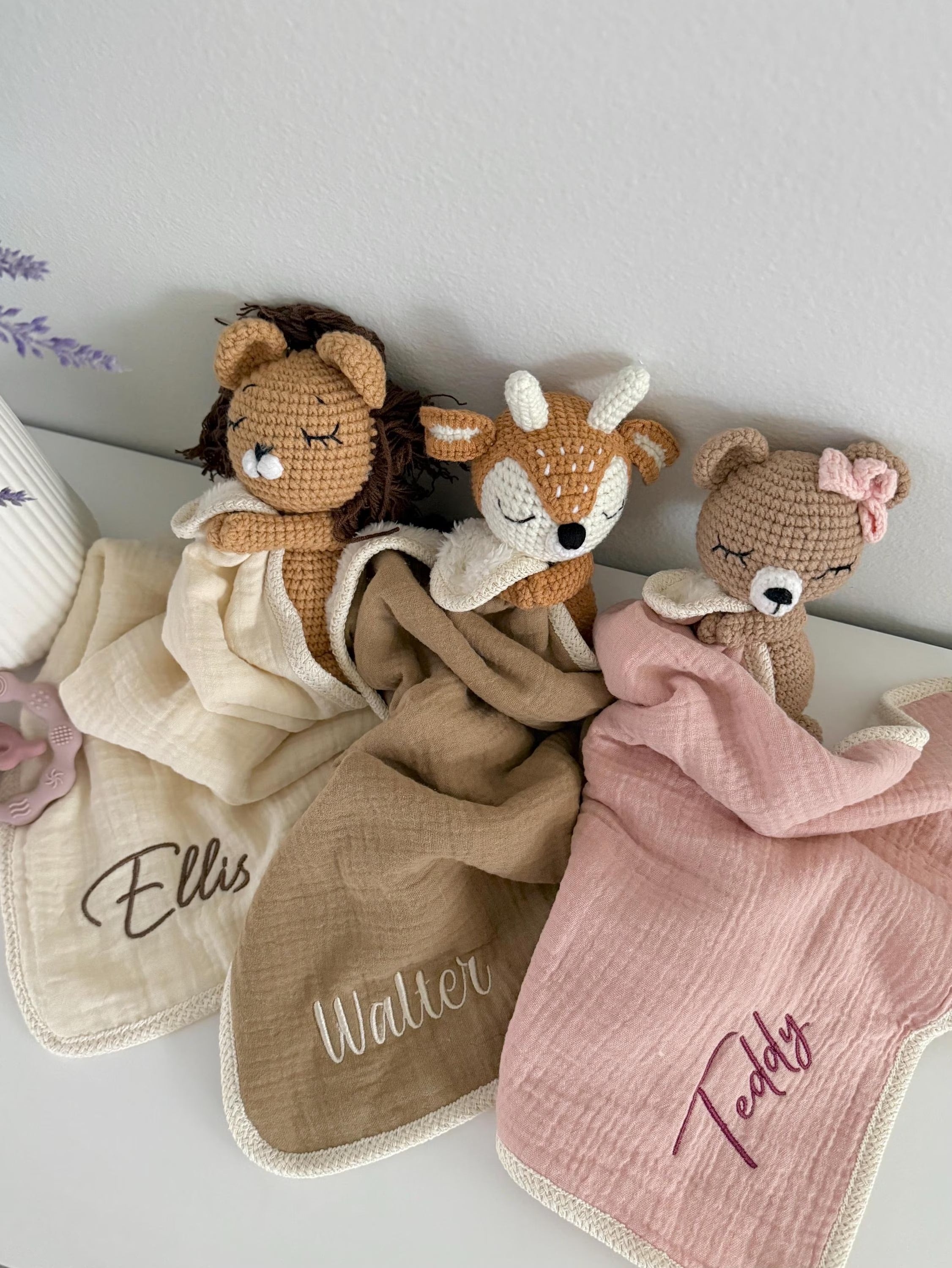 Personalized Crochet Animal Lovey Blankie: Organic Cotton Rattle Toy and Washcloth
