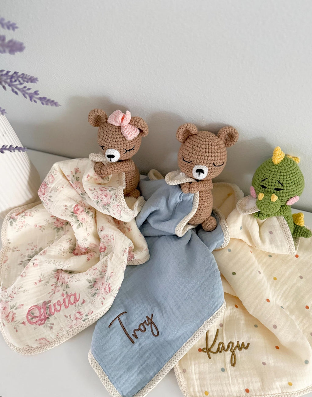 Personalized Crochet Animal Lovey Blankie: Organic Cotton Rattle Toy and Washcloth