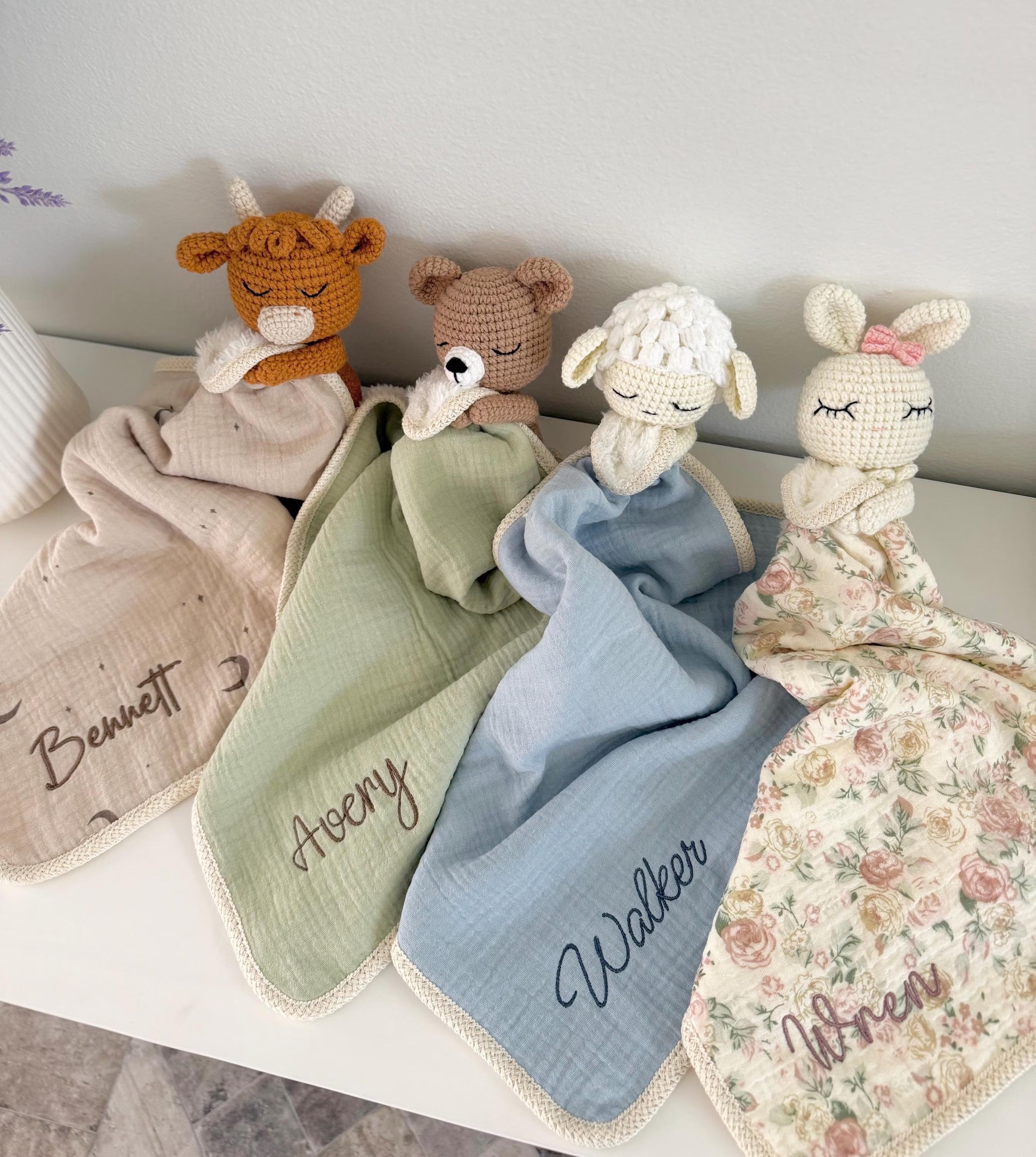 Personalized Crochet Animal Lovey Blankie: Organic Cotton Rattle Toy and Washcloth