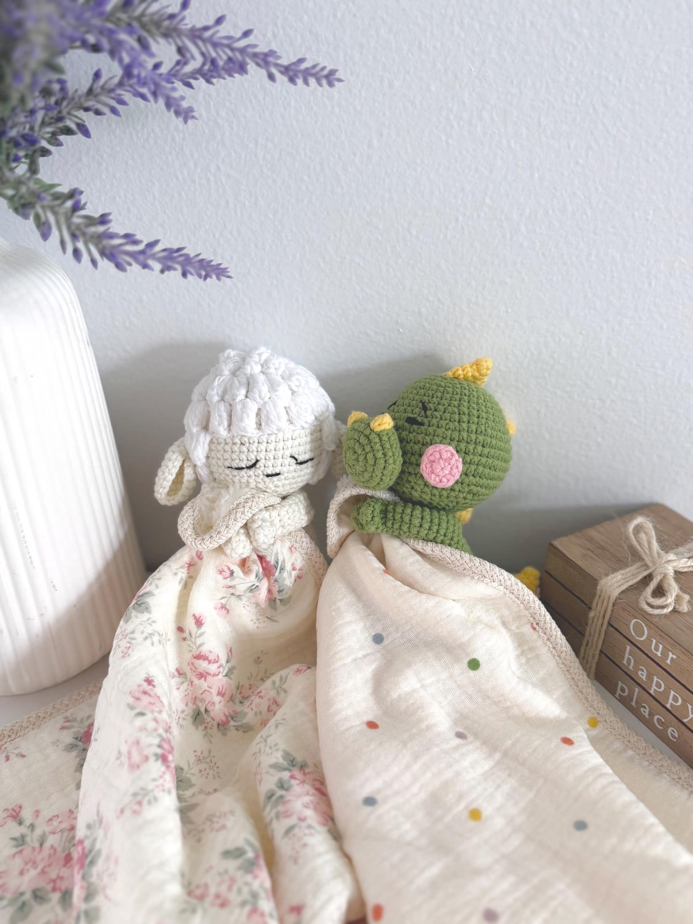 Personalized Crochet Animal Lovey Blankie: Organic Cotton Rattle Toy and Washcloth