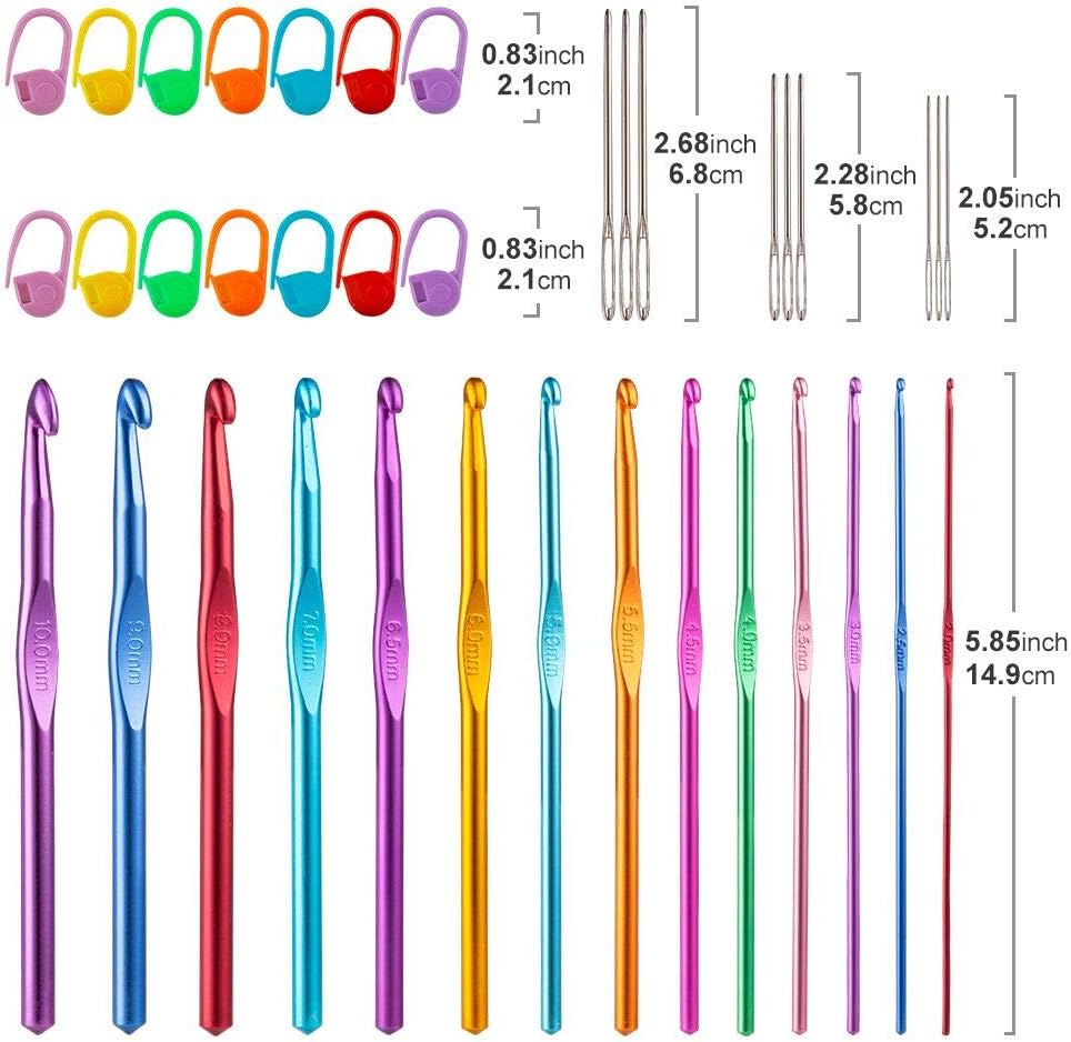 14 Sizes Crochet Hooks Set 2.0–10.0mm, Colorful Metal Crochet Needles, Ergonomic for Comfortable Crocheting