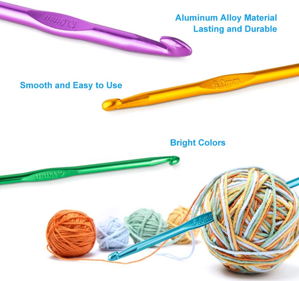 14 Sizes Crochet Hooks Set 2.0–10.0mm, Colorful Metal Crochet Needles, Ergonomic for Comfortable Crocheting