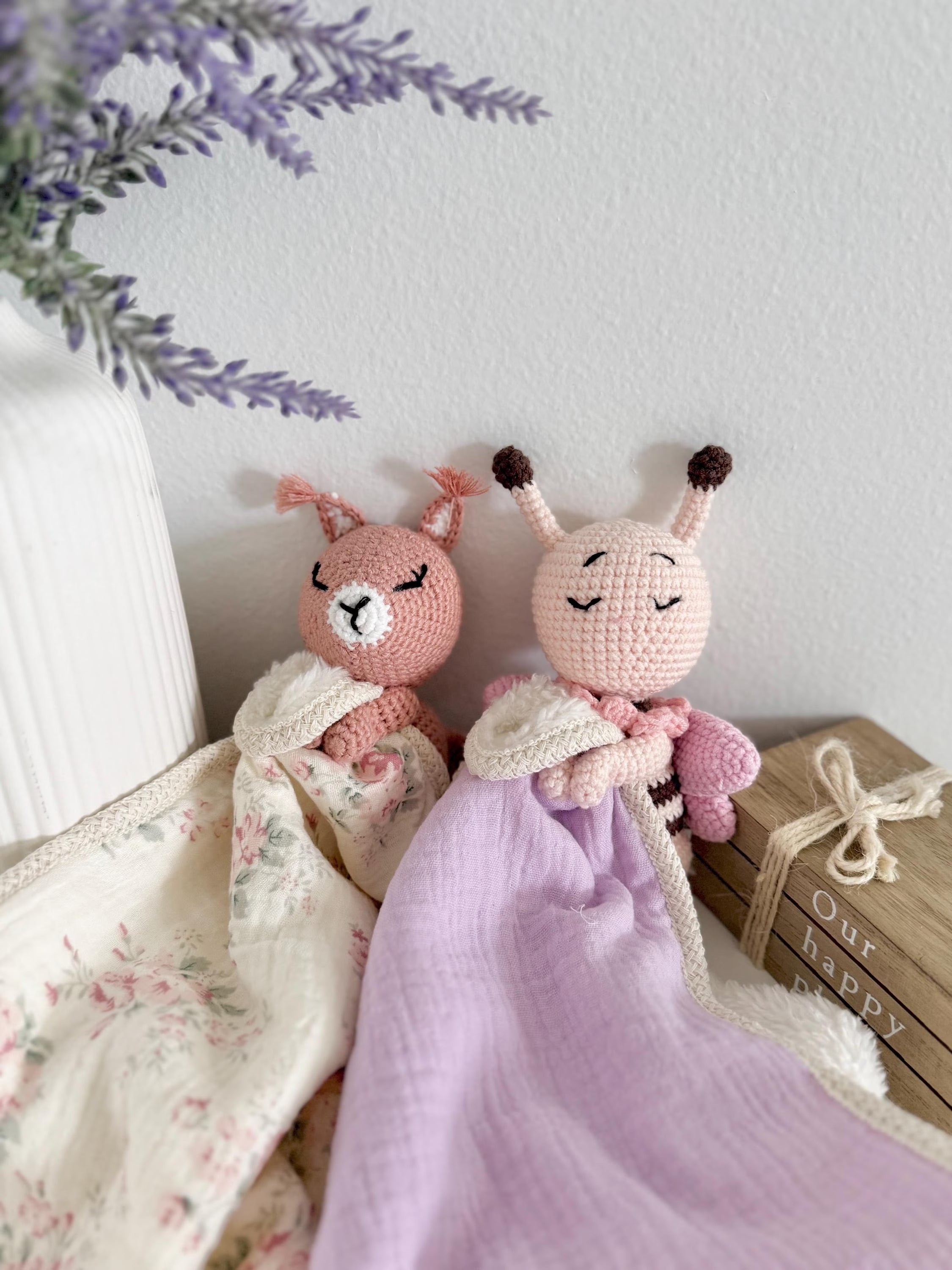 Personalized Crochet Animal Lovey Blankie: Organic Cotton Rattle Toy and Washcloth