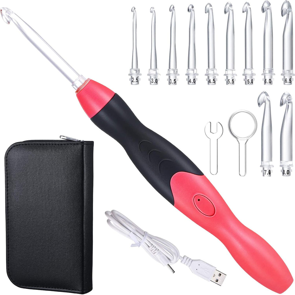11 Sizes Winter Lighted Crochet Hooks Set Rechargeable Crochet Hook Light up Hooks with Case, Interchangeable Heads 2.5 mm to 8 mm for DIY Craft Supplies