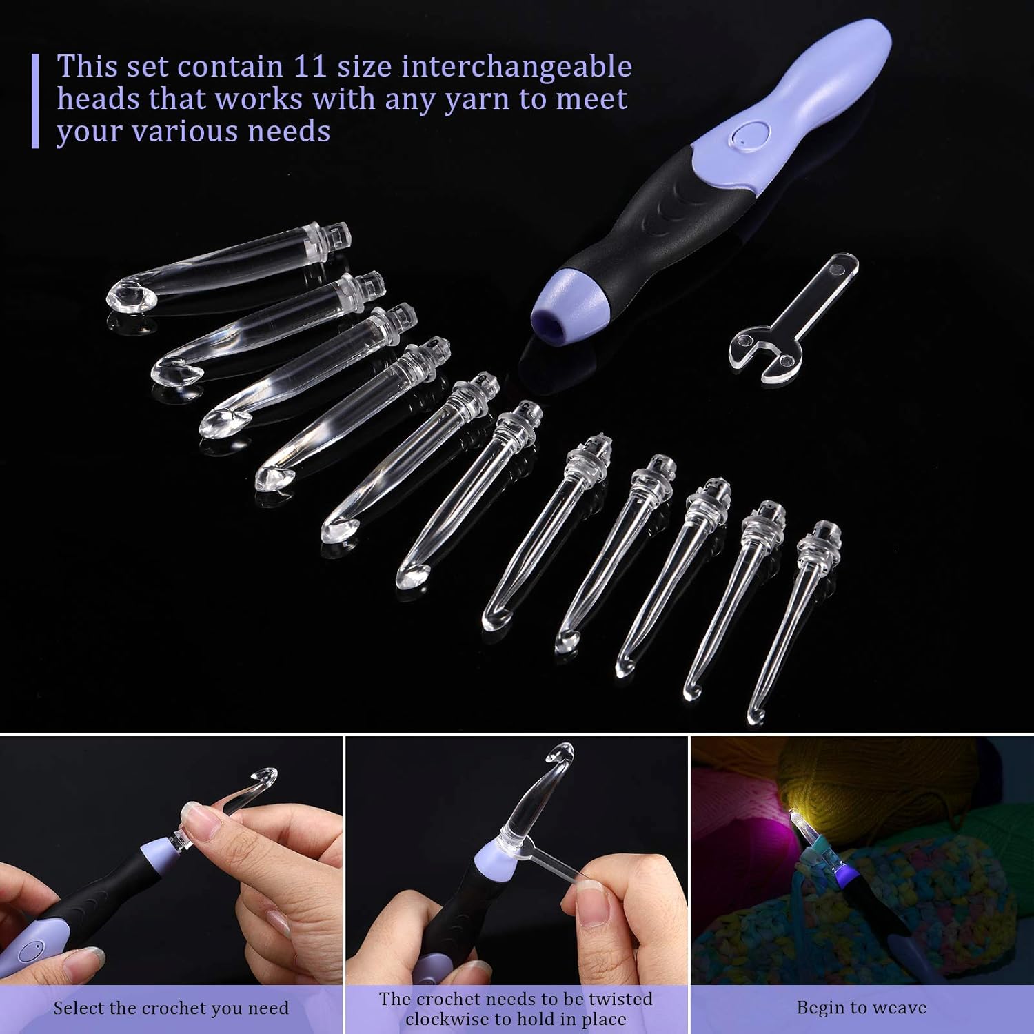 11 Sizes Winter Lighted Crochet Hooks Set Rechargeable Crochet Hook Light up Hooks with Case, Interchangeable Heads 2.5 mm to 8 mm for DIY Craft Supplies