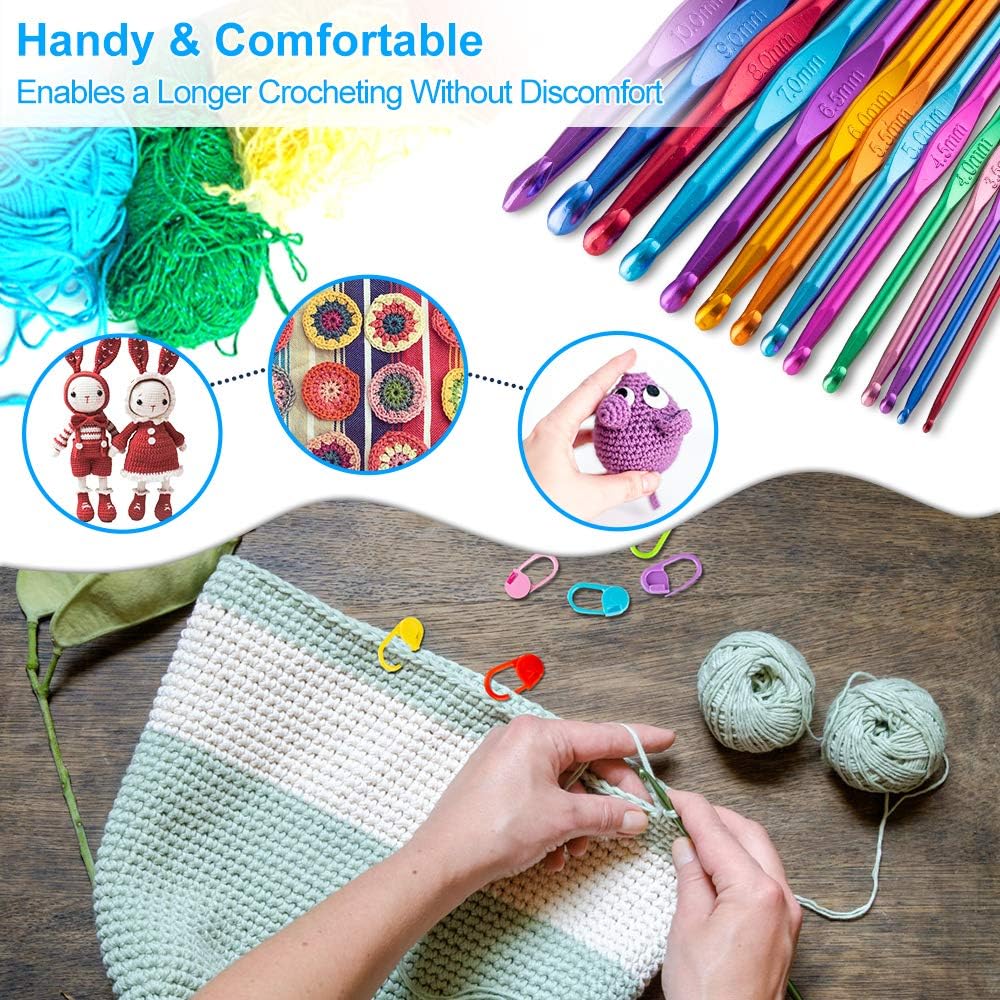 14 Sizes Crochet Hooks Set 2.0–10.0mm, Colorful Metal Crochet Needles, Ergonomic for Comfortable Crocheting