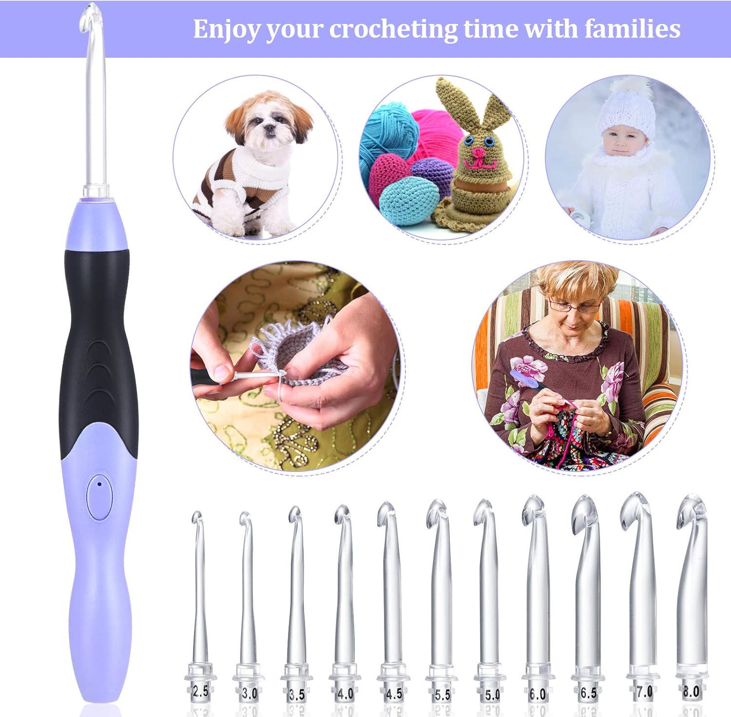11 Sizes Winter Lighted Crochet Hooks Set Rechargeable Crochet Hook Light up Hooks with Case, Interchangeable Heads 2.5 mm to 8 mm for DIY Craft Supplies
