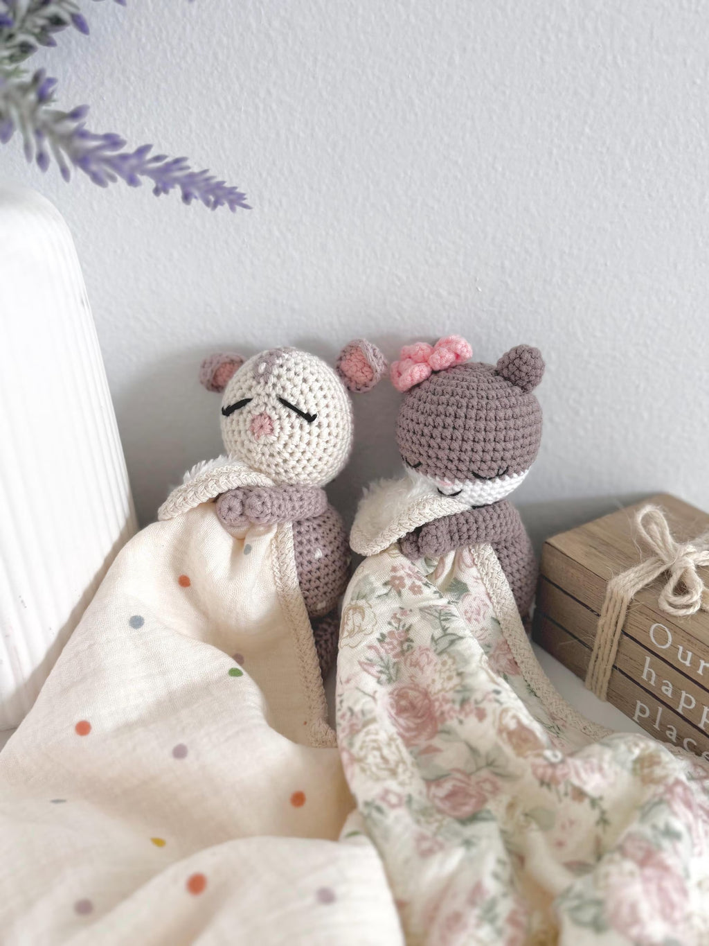 Personalized Crochet Animal Lovey Blankie: Organic Cotton Rattle Toy and Washcloth