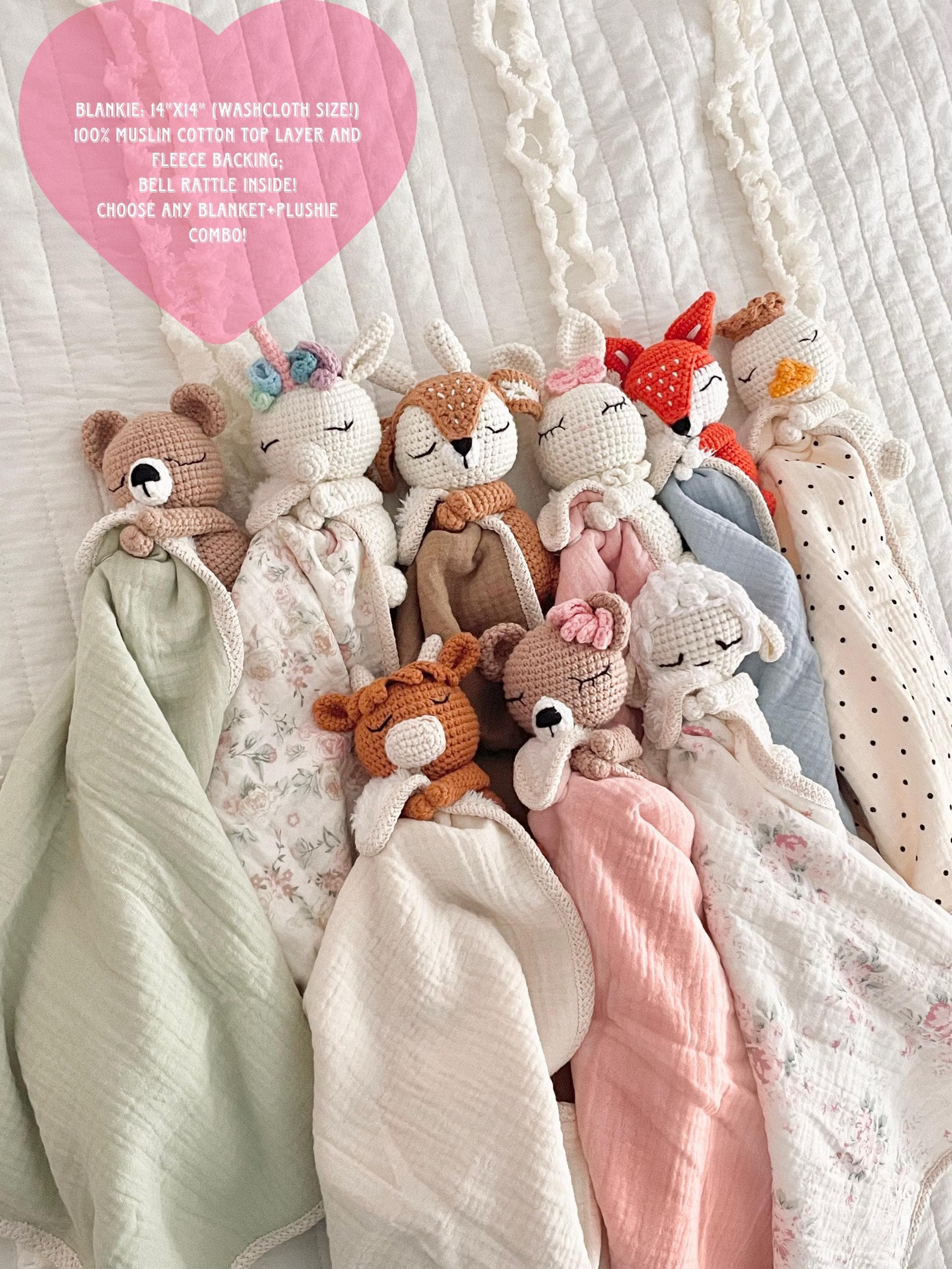 Personalized Crochet Animal Lovey Blankie: Organic Cotton Rattle Toy and Washcloth