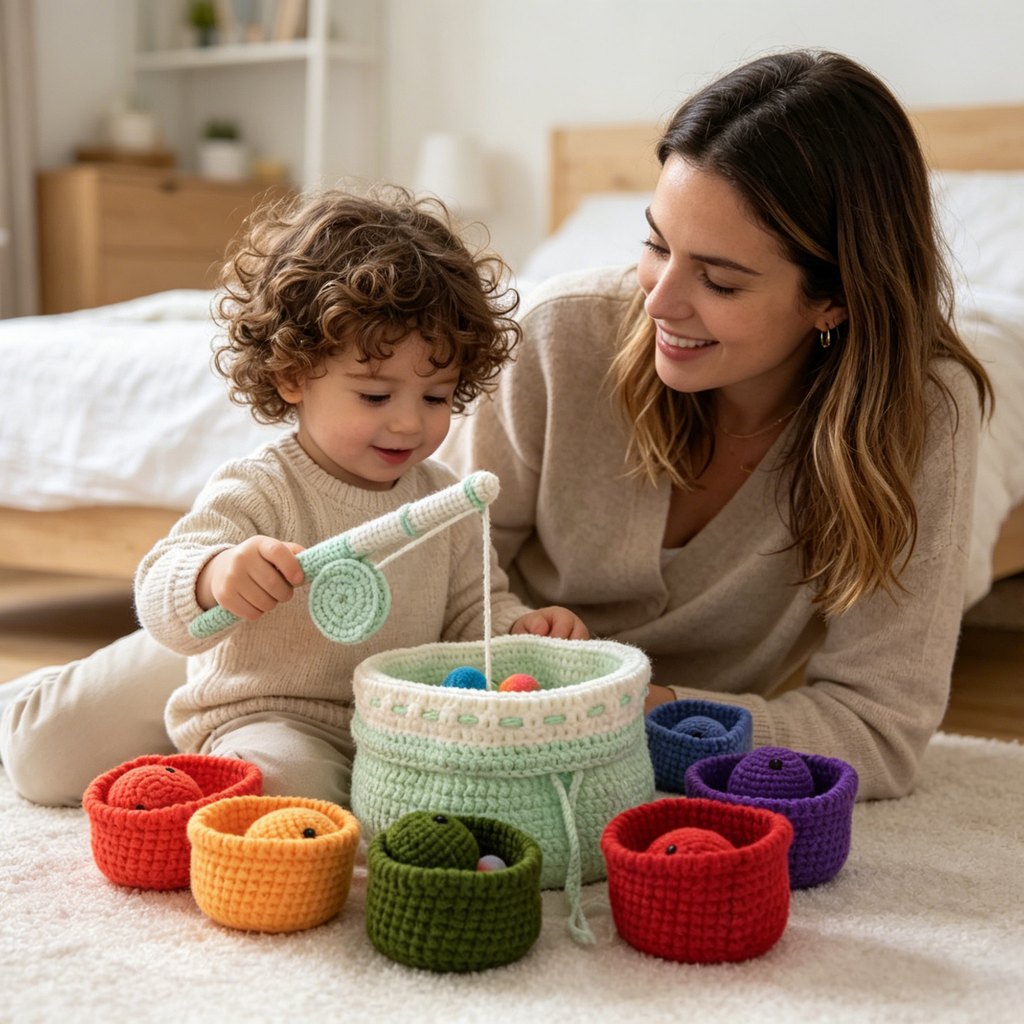 Finished toy set from Montessori fishing game crochet kit