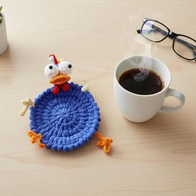 Handmade Crochet Chicken Coaster, Funny Chicken Crochet Coaster Knitting Decor