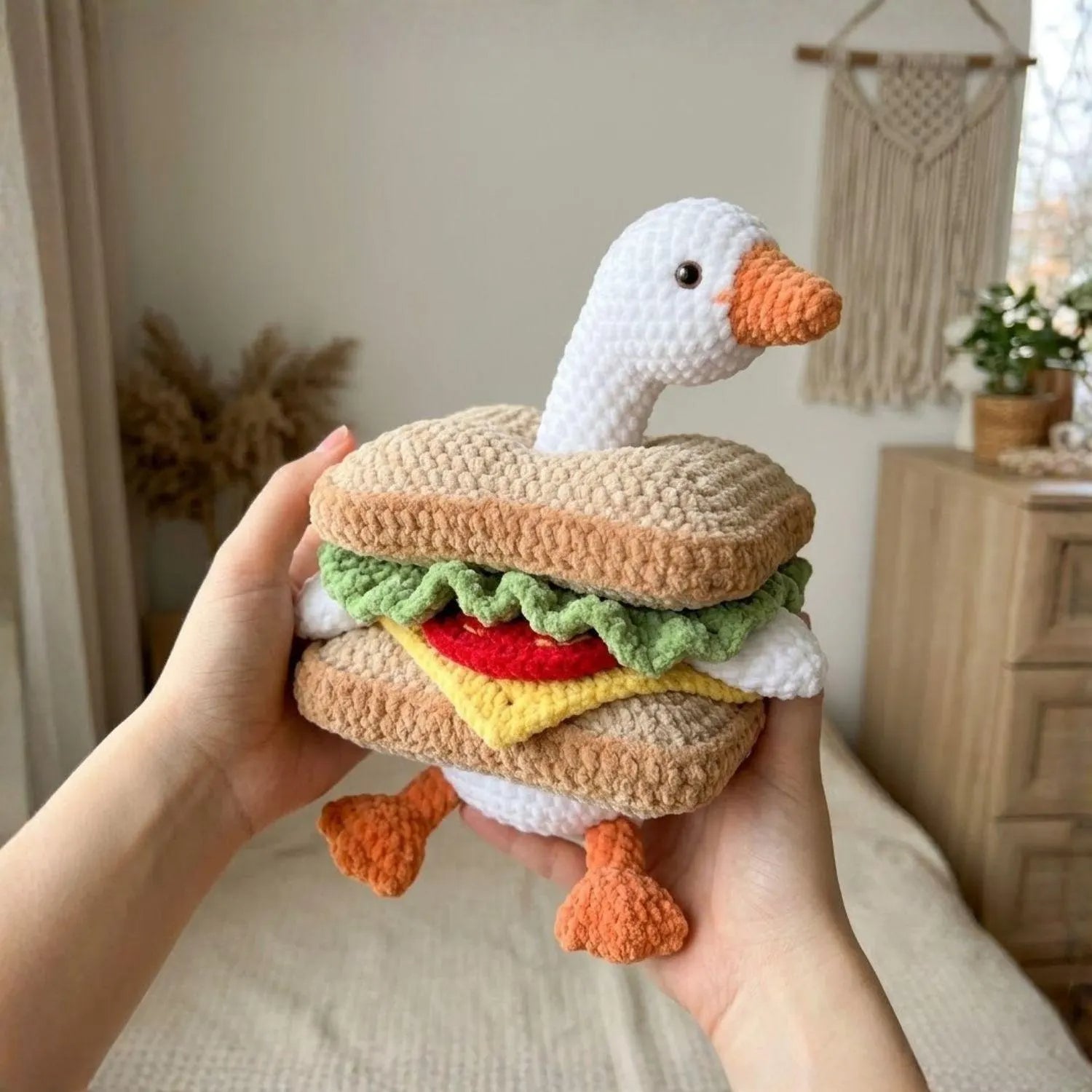 Handmade Crochet Goose Sandwich Plush Toy, Funny Food Amigurumi Doll, Cute Duck Plushie, Kawaii Crochet Food Toy Gift, Soft Handmade Plush