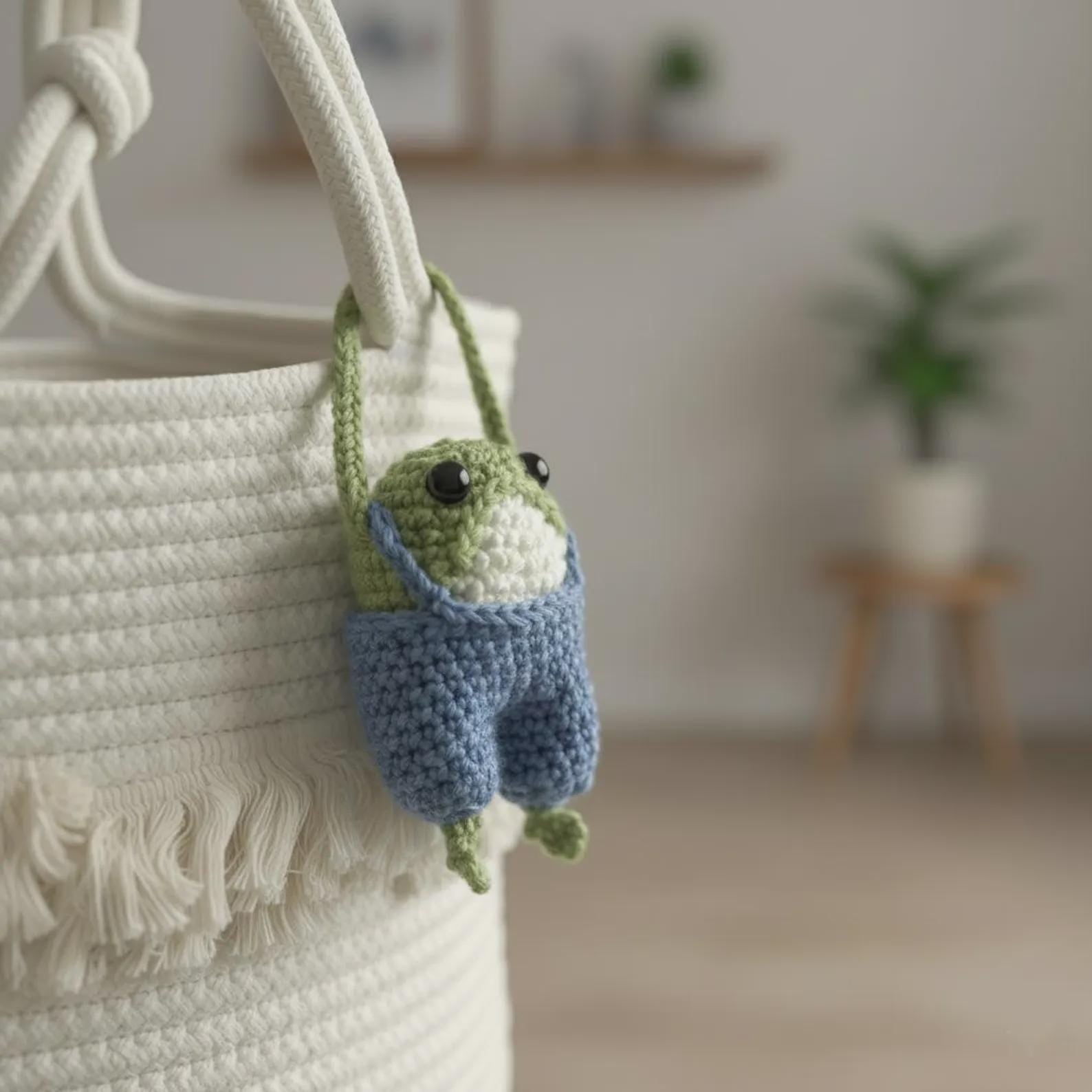 Crochet Frog Keychain in Blue Overalls, Frog Bag Charm, Handmade Frog Lover Gift, Kawaii Stuffed Animal Keyring, Toad Plushie