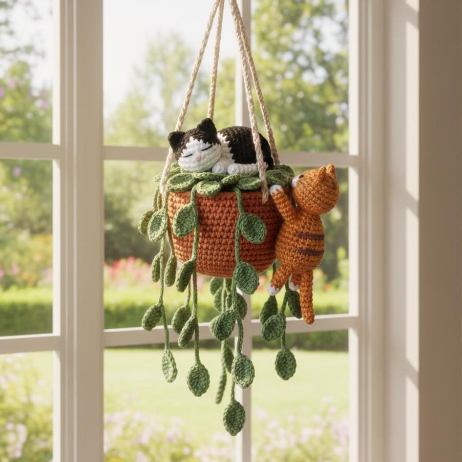 Handmade Crochet Couple Cat in Plant Pot Hanging, Tuxedo Orange Cat Sleeping in Pothos Plant Rearview Mirror Car Hanging