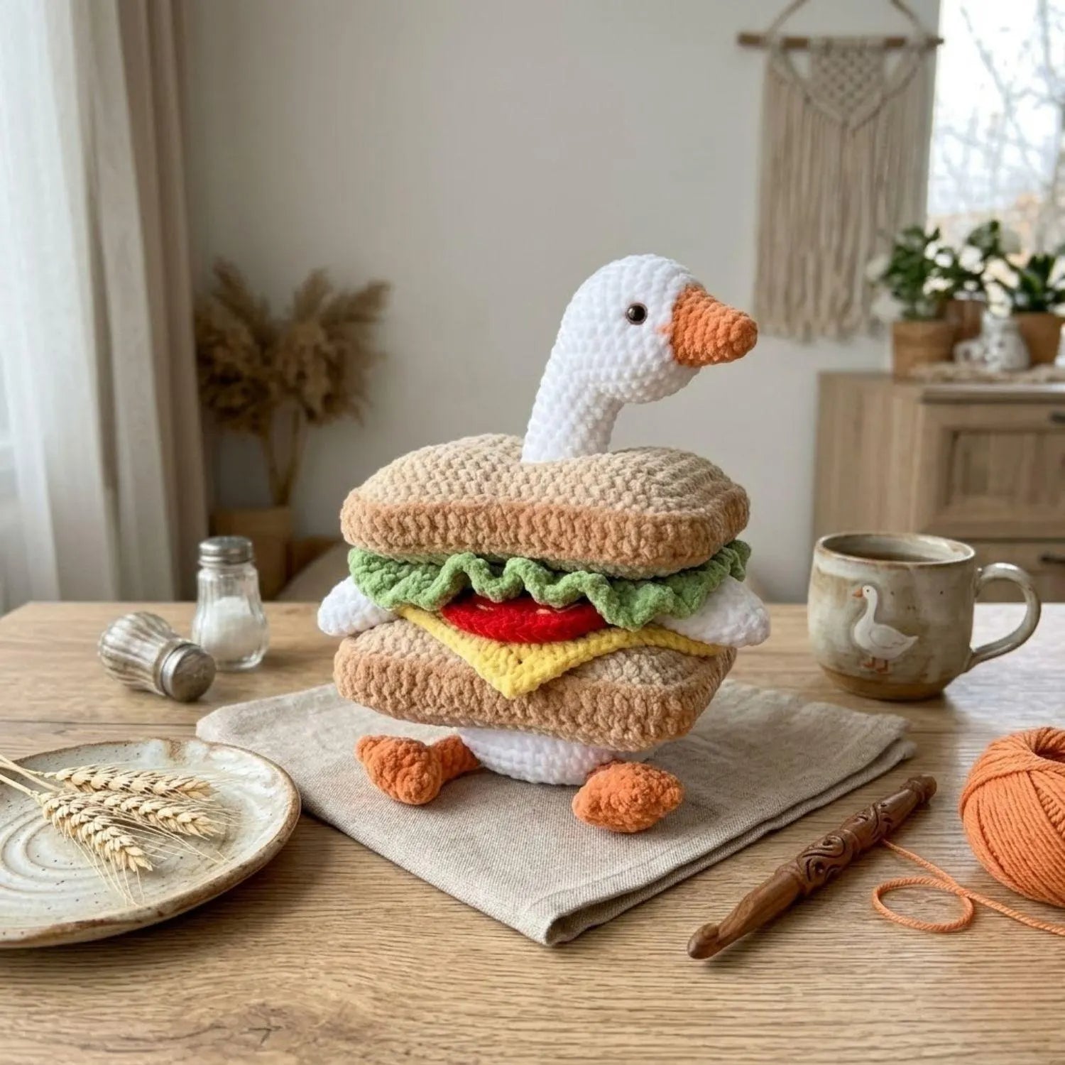Handmade Crochet Goose Sandwich Plush Toy, Funny Food Amigurumi Doll, Cute Duck Plushie, Kawaii Crochet Food Toy Gift, Soft Handmade Plush
