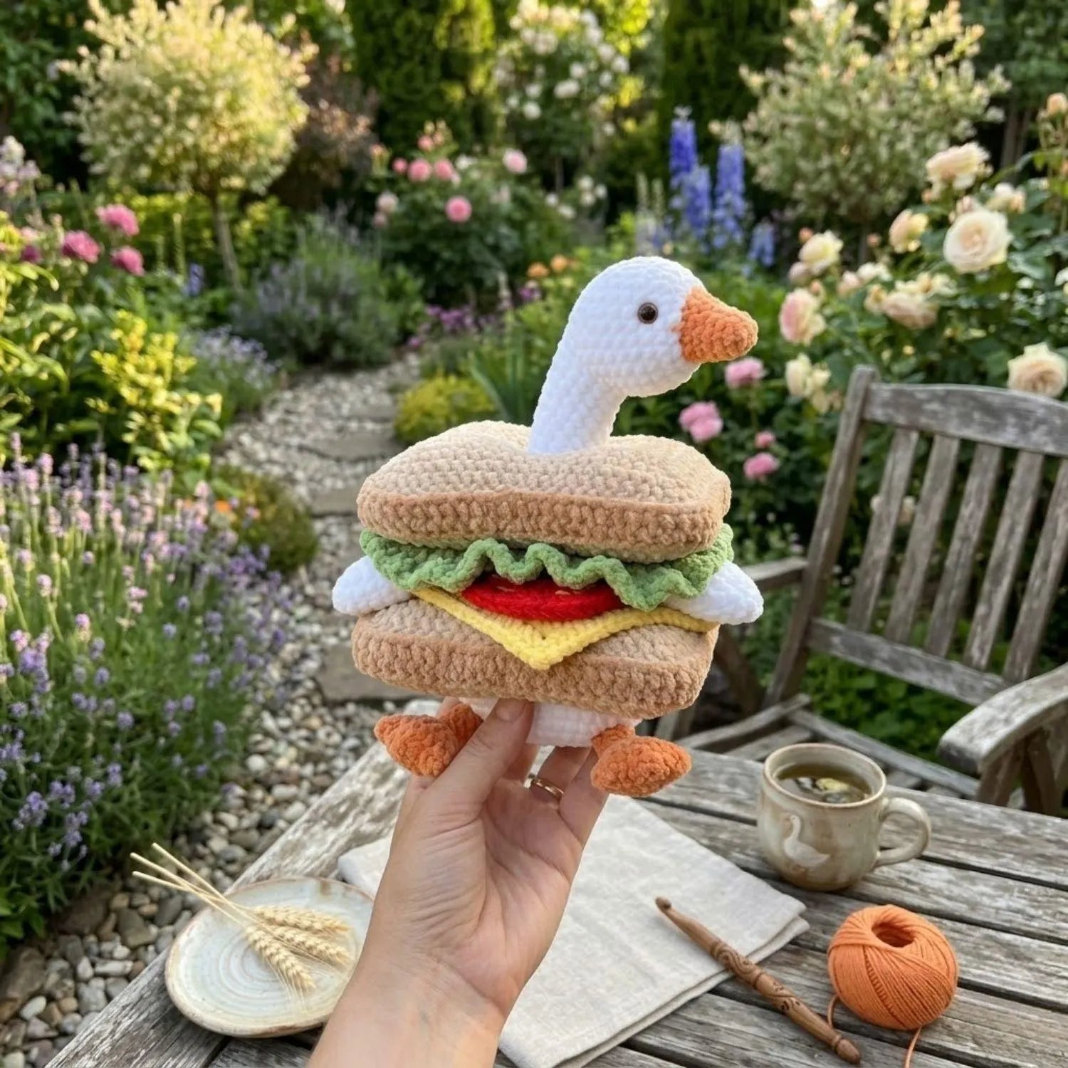 Handmade Crochet Goose Sandwich Plush Toy, Funny Food Amigurumi Doll, Cute Duck Plushie, Kawaii Crochet Food Toy Gift, Soft Handmade Plush
