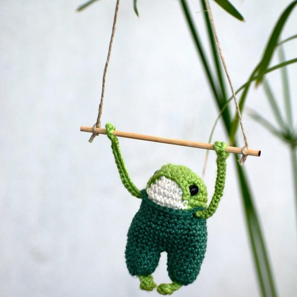 Frog Keychain in Blue Overalls Crochet Kit