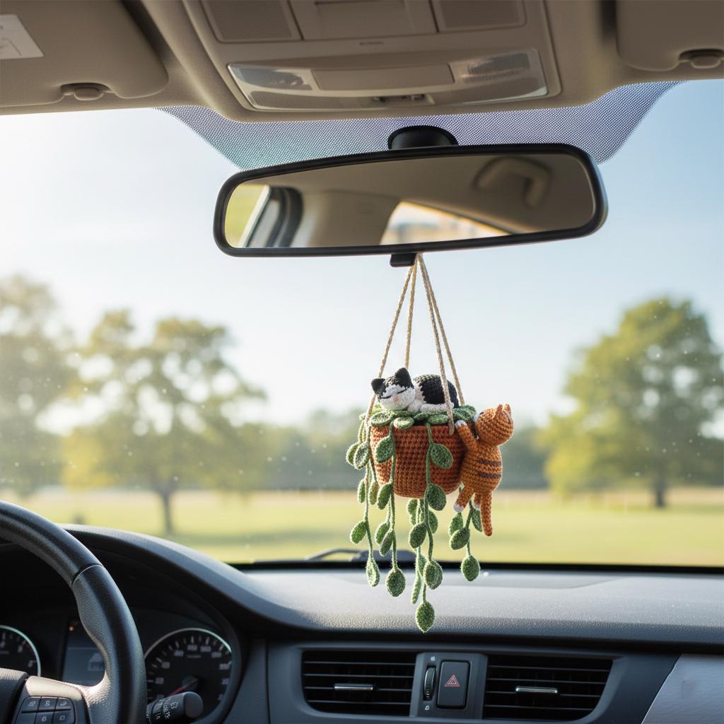 Handmade Crochet Couple Cat in Plant Pot Hanging, Tuxedo Orange Cat Sleeping in Pothos Plant Rearview Mirror Car Hanging