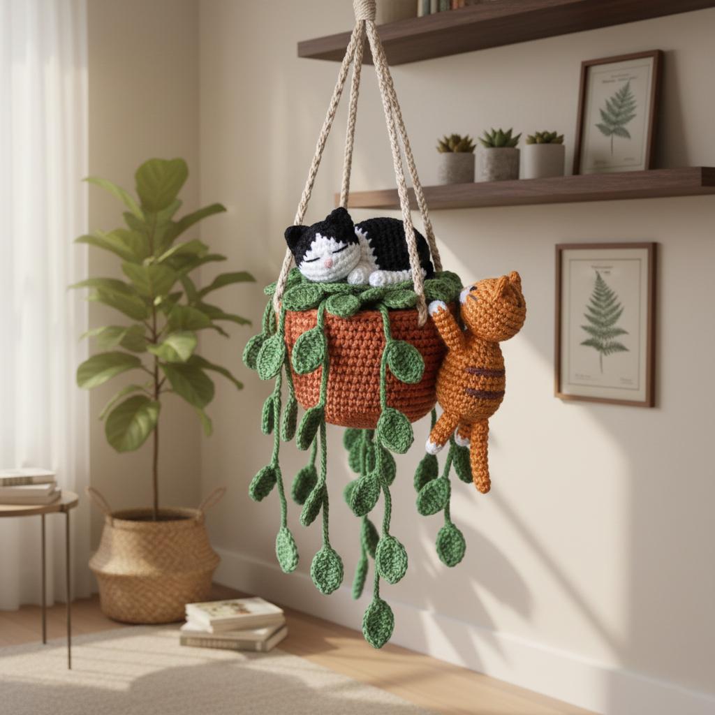 Handmade Crochet Couple Cat in Plant Pot Hanging, Tuxedo Orange Cat Sleeping in Pothos Plant Rearview Mirror Car Hanging