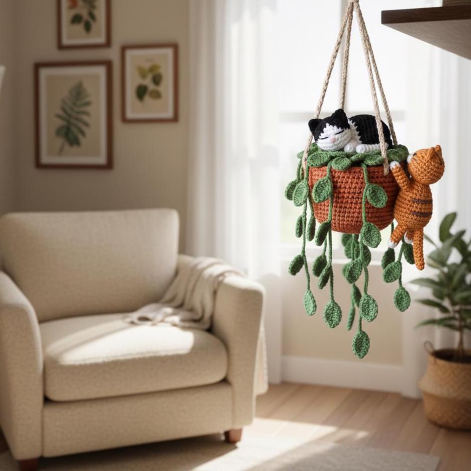 Handmade Crochet Couple Cat in Plant Pot Hanging, Tuxedo Orange Cat Sleeping in Pothos Plant Rearview Mirror Car Hanging
