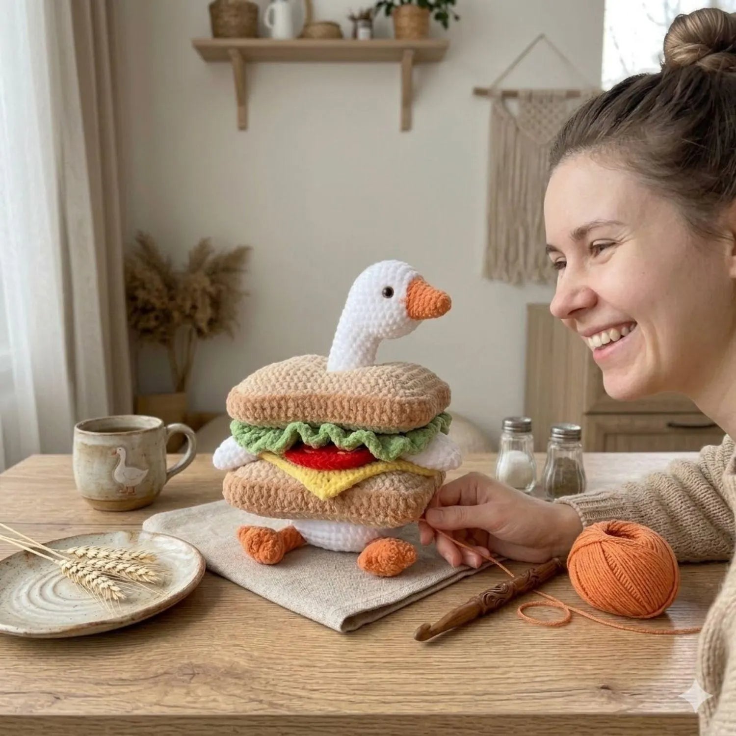 Handmade Crochet Goose Sandwich Plush Toy, Funny Food Amigurumi Doll, Cute Duck Plushie, Kawaii Crochet Food Toy Gift, Soft Handmade Plush