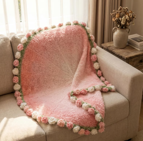 Handmade Crochet Rose Blanket, 3D Flower Plush Throw, Pink Floral Fleece Blanket,Romantic Aesthetic Room Decor, Gift for Her, Birthday Gift