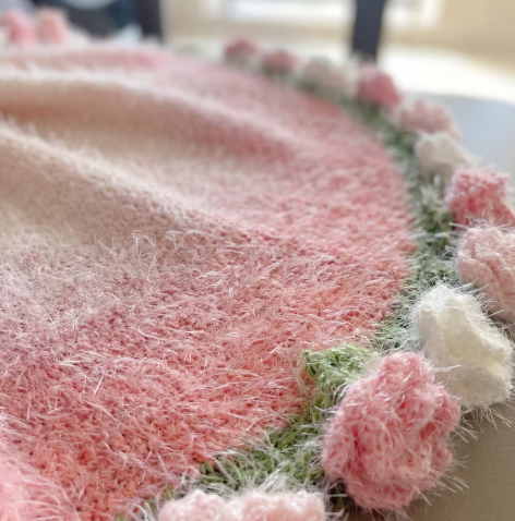 Handmade Crochet Rose Blanket, 3D Flower Plush Throw, Pink Floral Fleece Blanket,Romantic Aesthetic Room Decor, Gift for Her, Birthday Gift