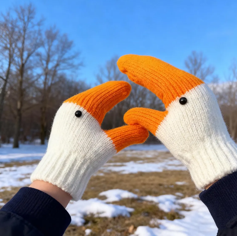 Winter Goose Gloves - Funny 3D Design, stretchy winter warm knit mittens,Handmade Crochet Knit Animal Gloves, Thermal Lined for Outdoor Use