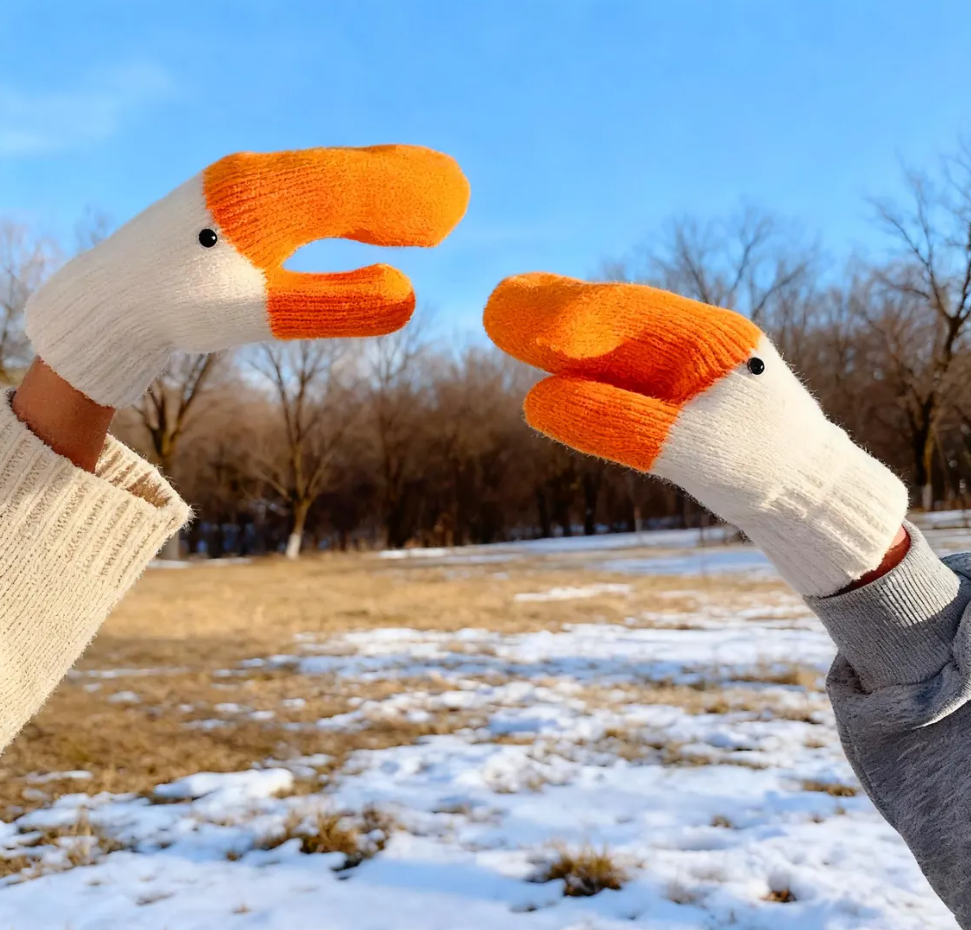 Winter Goose Gloves - Funny 3D Design, stretchy winter warm knit mittens,Handmade Crochet Knit Animal Gloves, Thermal Lined for Outdoor Use