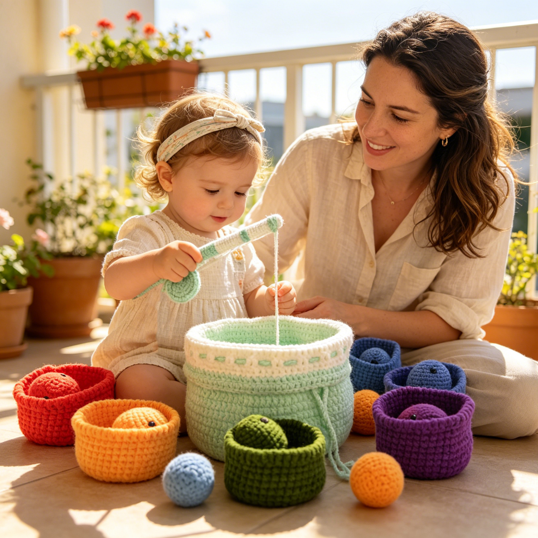 Toddler girl playing with finished educational knitted fishing game
