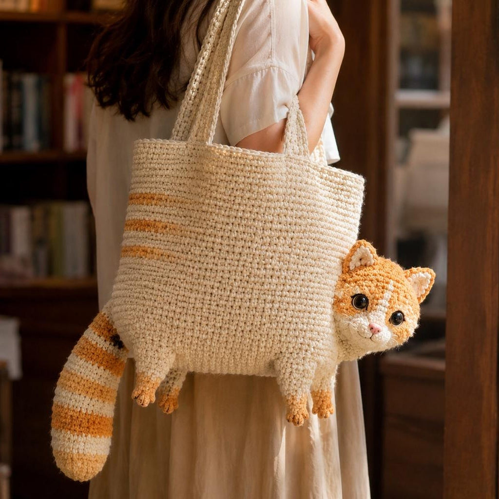 Handmade Crochet Orange Tabby Cat Tote Bag, Amigurumi Cat Shoulder Bag, Unique Pet Purse, Cat Lover Gift