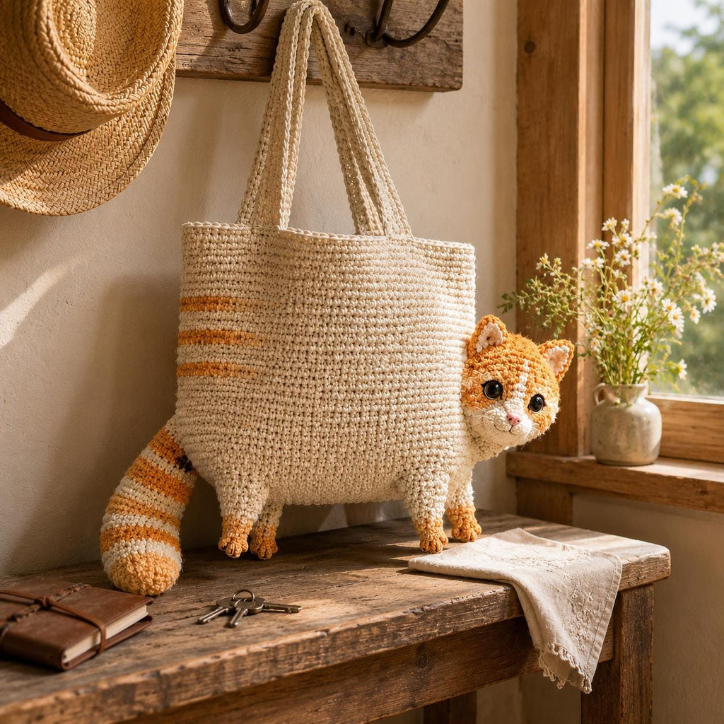 Handmade Crochet Orange Tabby Cat Tote Bag, Amigurumi Cat Shoulder Bag, Unique Pet Purse, Cat Lover Gift