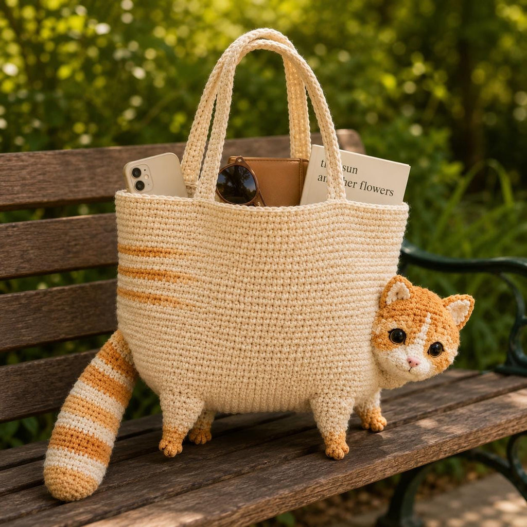 Handmade Crochet Orange Tabby Cat Tote Bag, Amigurumi Cat Shoulder Bag, Unique Pet Purse, Cat Lover Gift