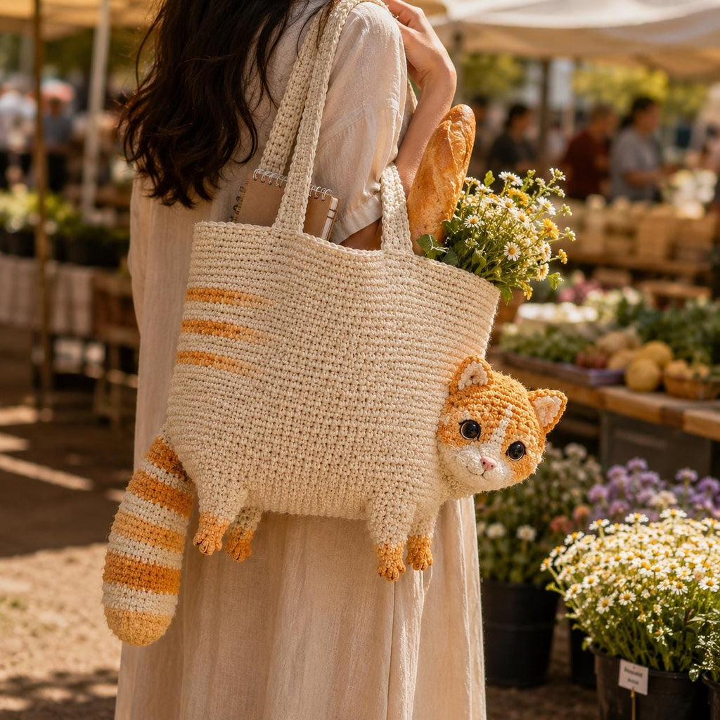 Handmade Crochet Orange Tabby Cat Tote Bag, Amigurumi Cat Shoulder Bag, Unique Pet Purse, Cat Lover Gift