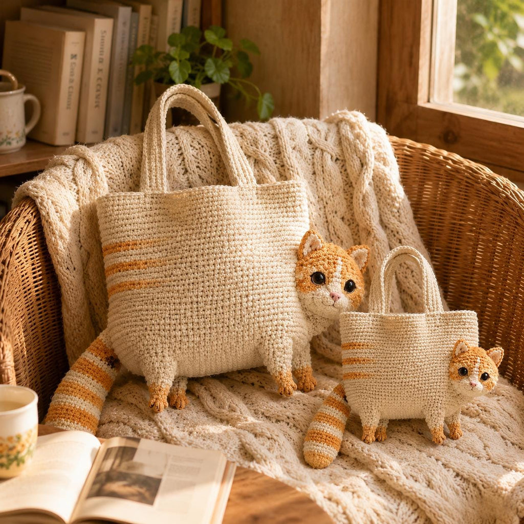 Handmade Crochet Orange Tabby Cat Tote Bag, Amigurumi Cat Shoulder Bag, Unique Pet Purse, Cat Lover Gift