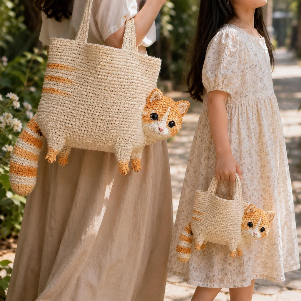 Handmade Crochet Orange Tabby Cat Tote Bag, Amigurumi Cat Shoulder Bag, Unique Pet Purse, Cat Lover Gift
