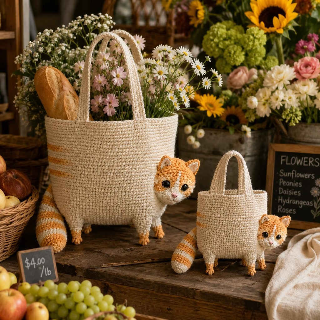 Handmade Crochet Orange Tabby Cat Tote Bag, Amigurumi Cat Shoulder Bag, Unique Pet Purse, Cat Lover Gift