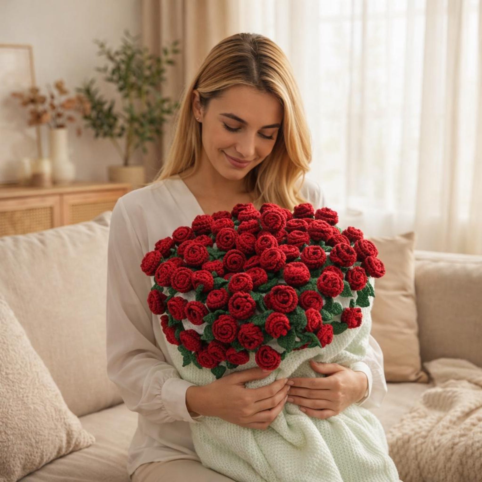 Rose Bouquet Blanket,2-in-1 Crochet Flower Throw,Mother's Day Gift,Romantic Anniversary Present, Cozy Handmade Rose Blanket,Anniversary Gift