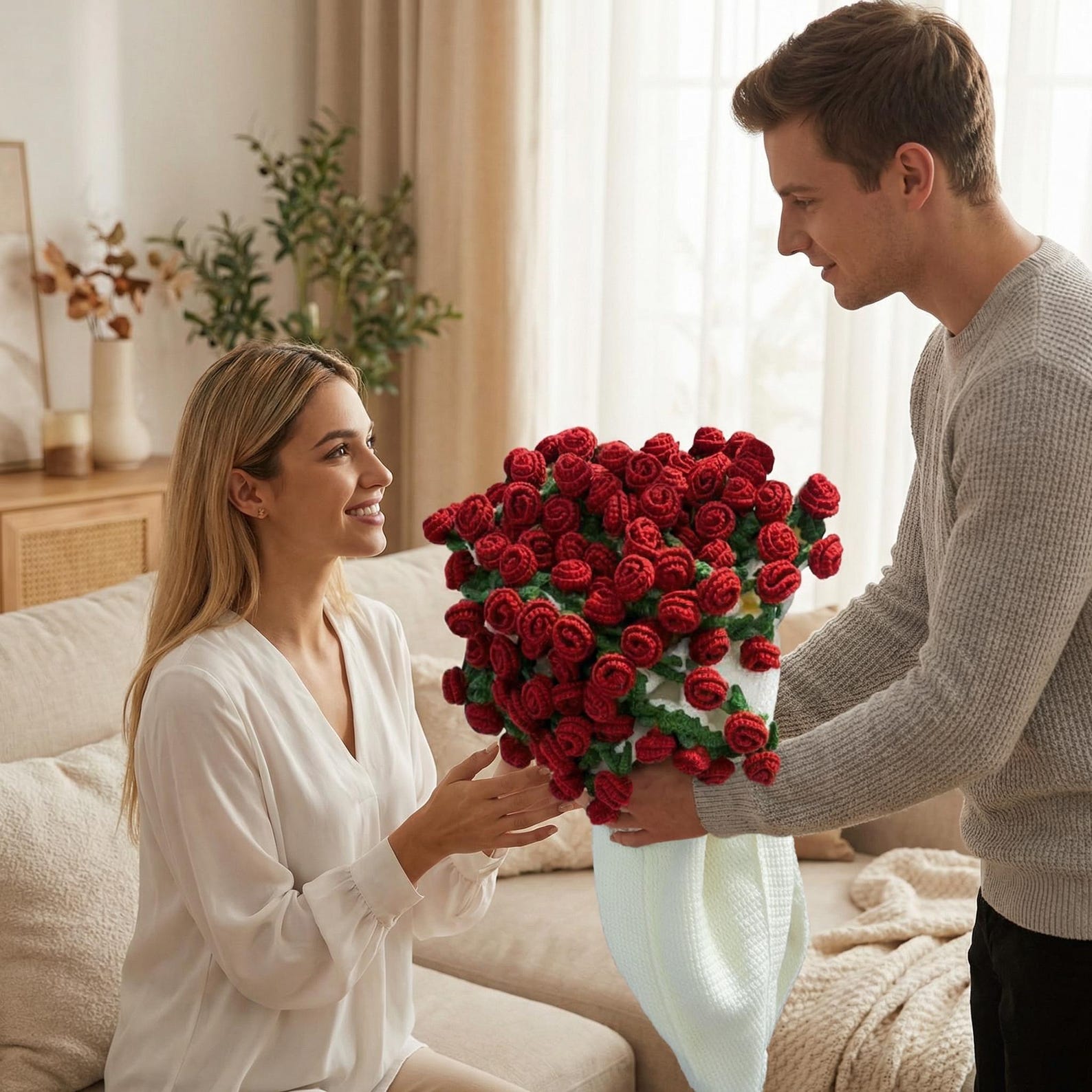 Rose Bouquet Blanket,2-in-1 Crochet Flower Throw,Mother's Day Gift,Romantic Anniversary Present, Cozy Handmade Rose Blanket,Anniversary Gift