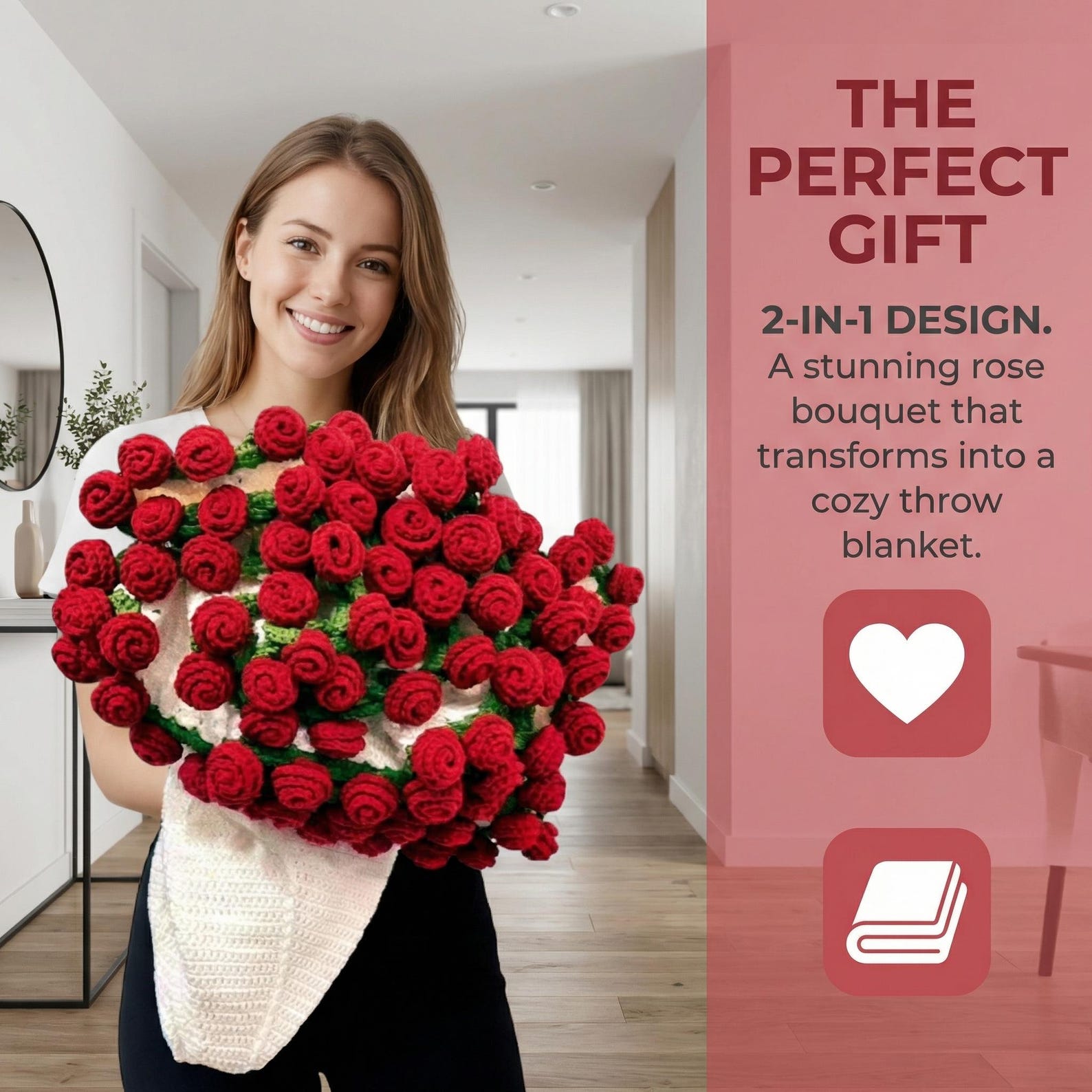 Rose Bouquet Blanket,2-in-1 Crochet Flower Throw,Mother's Day Gift,Romantic Anniversary Present, Cozy Handmade Rose Blanket,Anniversary Gift